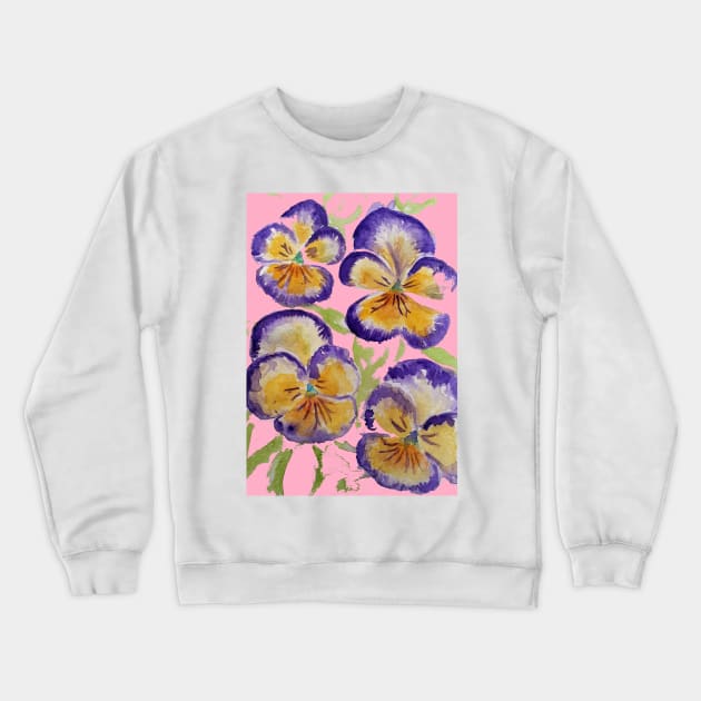 Viola Watercolor Purple Floral Pattern on Pink Crewneck Sweatshirt by SarahRajkotwala